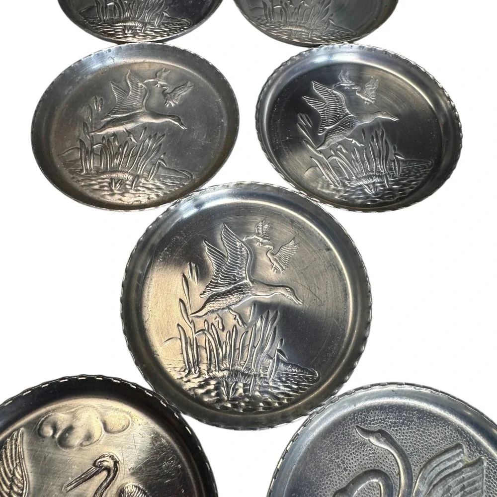 Vintage Pewter Coasters‎ Set of 7 Birds Geese Duck Crane Swan Embossed Drinkware
